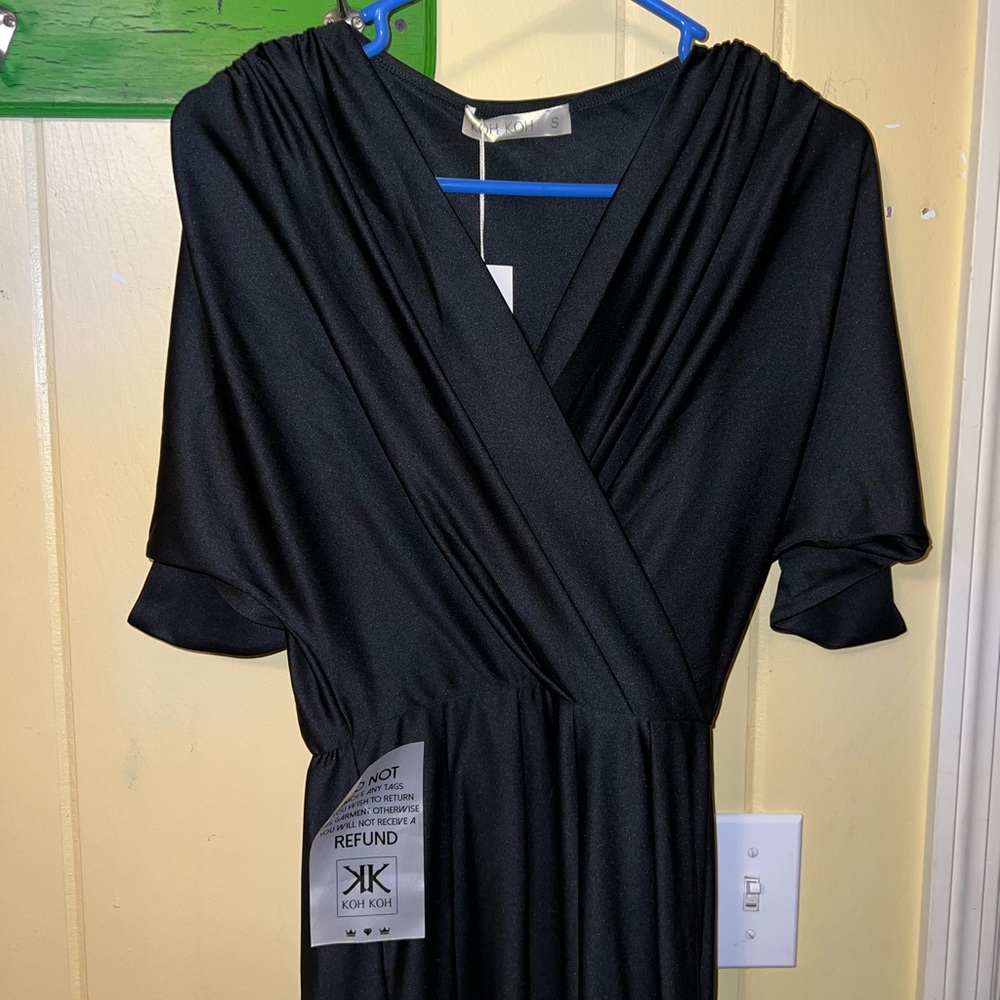 NWT Koh Koh Black Elegant V Neck Slit Short Sleeve Formal Chic Maxi Dress Size S - Picture 5 of 13